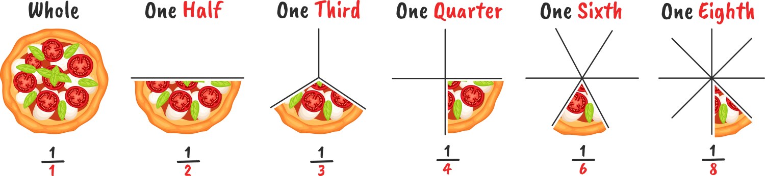 Pizza fractions slicing examples visual vector image