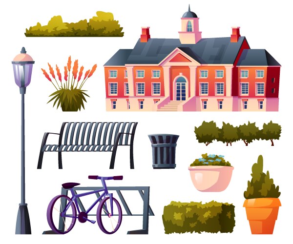 university building landscape element set isolated vector image