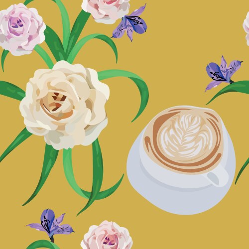 Cup cappuccino flowers bouquet yellow vector image