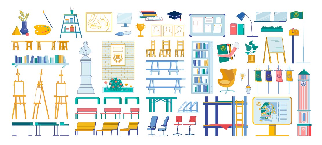 Art academy interior elements and artists tools vector image