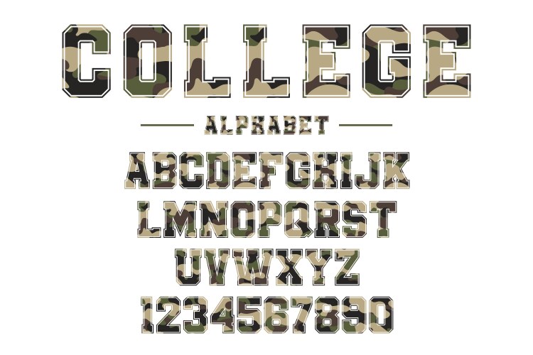 Classic college font with camouflage texture vector image