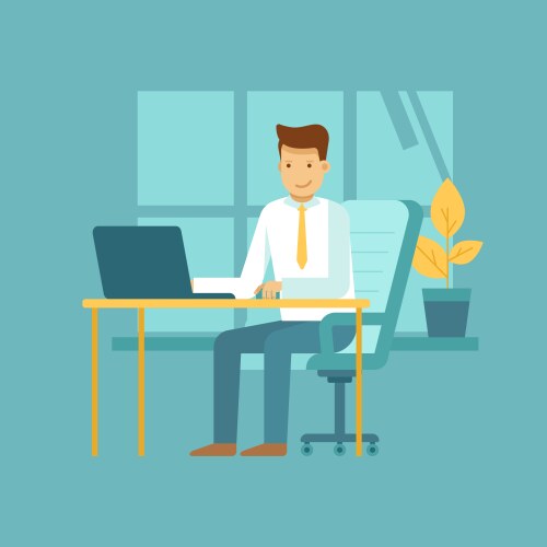 Guy sitting at the desk with laptop - freelance vector image