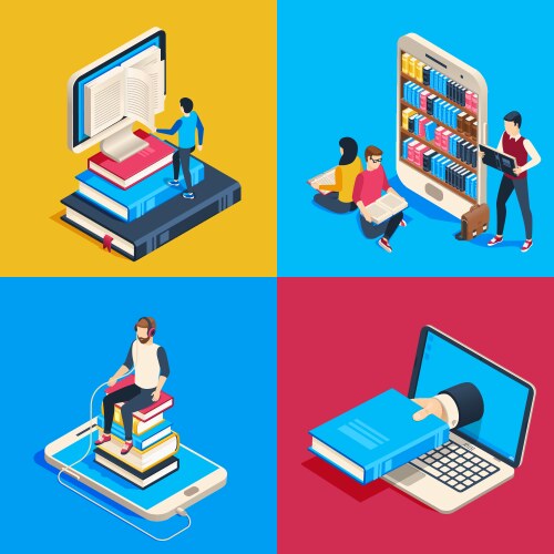 isometric online library students reading books vector image