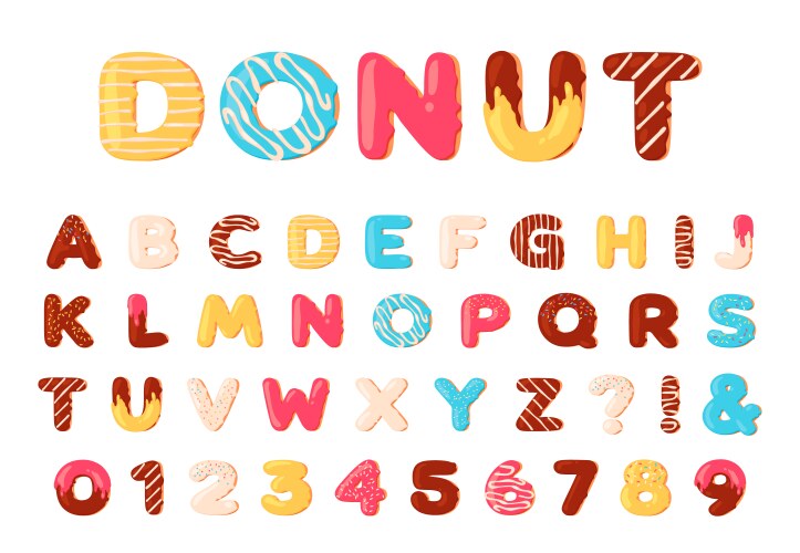 Donuts alphabet sweet doughnut font letters vector image