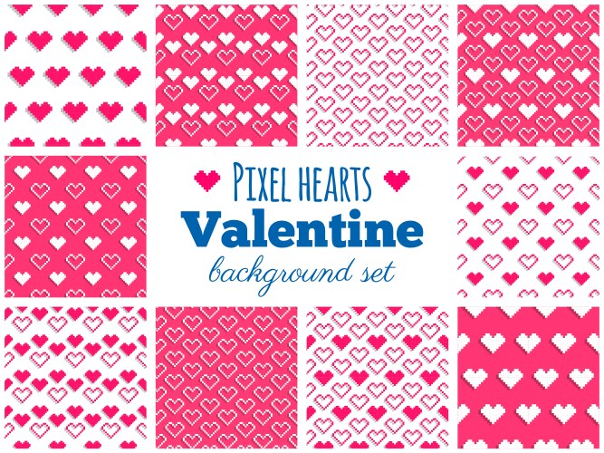 Set of seamless pixel art heart patterns vector image