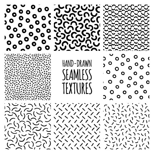 Set hand-drawn seamless black and white vector image