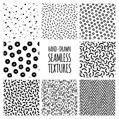 Set hand-drawn seamless black and white vector image