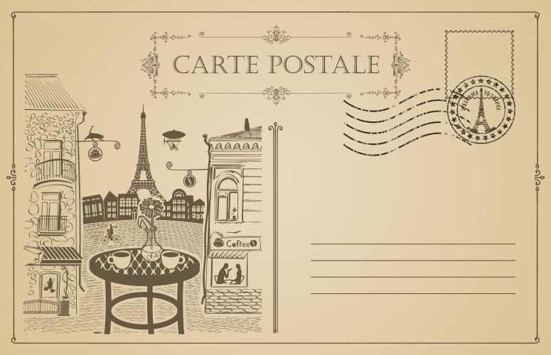 Vintage postcard with street cafe and eiffel tower vector image