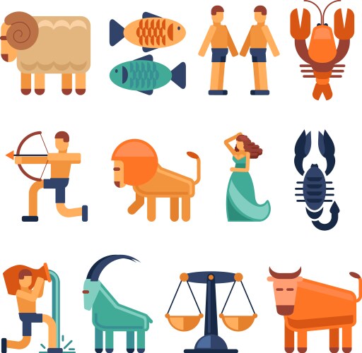 Zodiac signs in flat style and astrological icons vector image