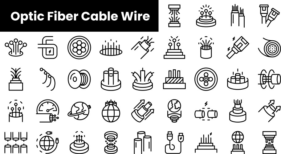 Set of outline optic fiber cable wire icons vector image