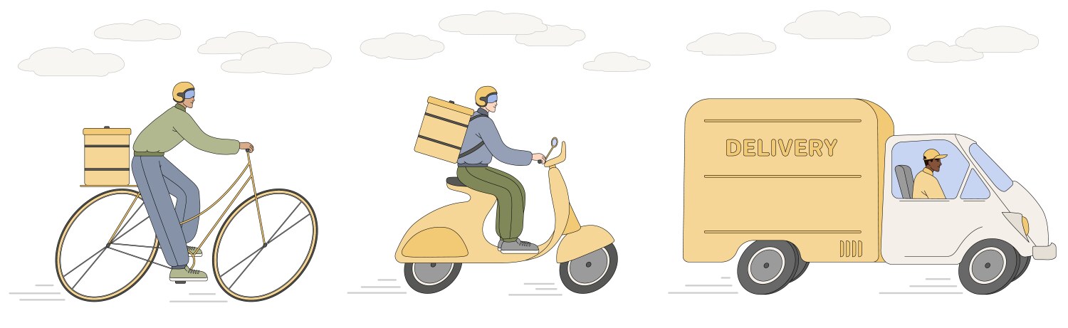 Flat courier deliver parcels on scooter bicycle vector image