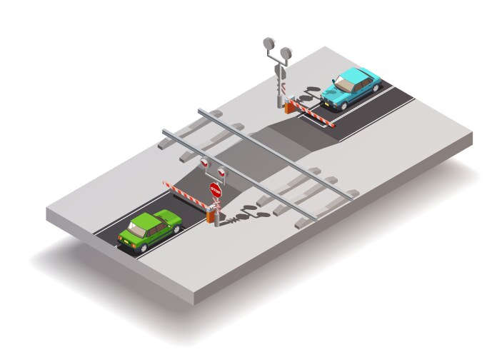 Railway crossing isometric composition vector image