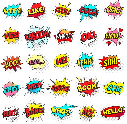 Bang ouch shouts and yeah shouting text bubble vector image