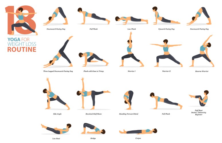 18 yoga pose for workout in weightloss concept vector image