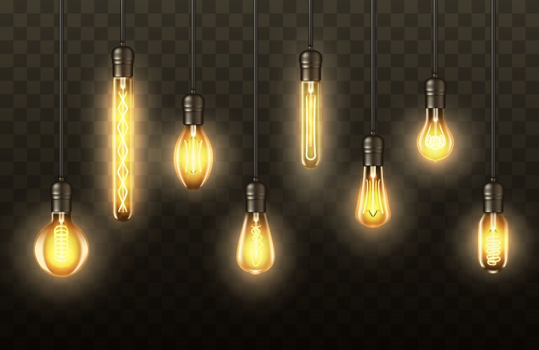 Light bulbs realistic lamps hanging on wires vector image