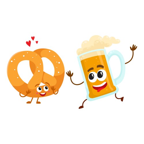 Happy aluminium beer mug and pretzel characters vector image