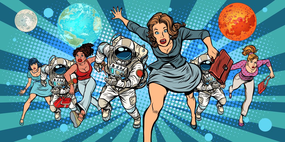 women and astronauts running into the future vector image