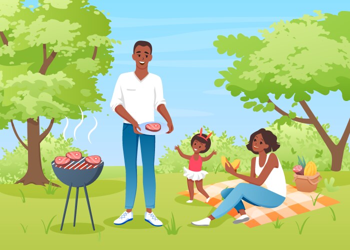 Happy family people on bbq picnic mother father vector image