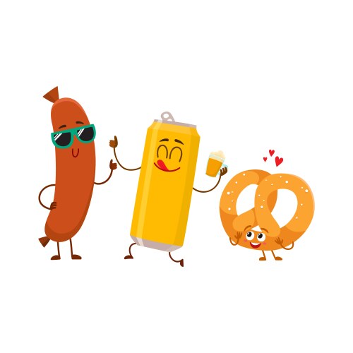 Happy beer can salty pretzel frankfurter sausage vector image