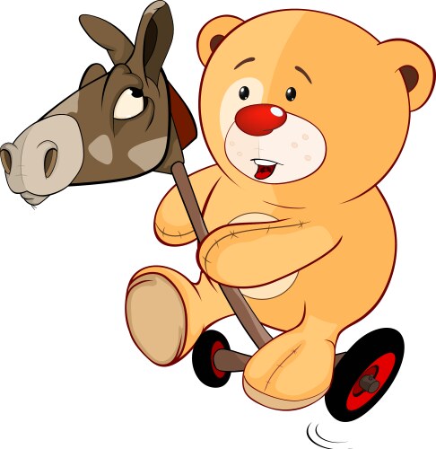 A stuffed toy bear cub and wooden horse cartoon vector image