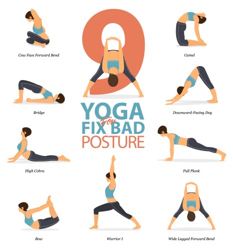 9 yoga poses for fix bad posture vector image