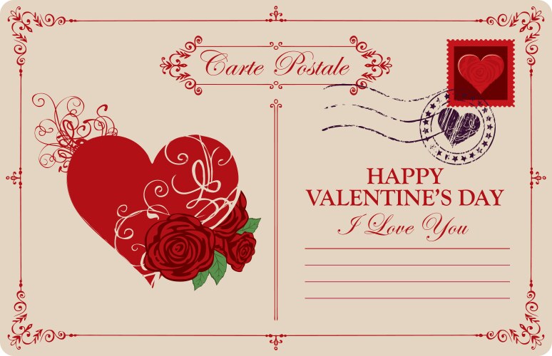 vintage valentine card with red heart and roses vector image