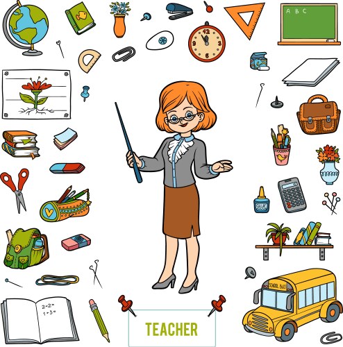 Colorful set with teacher and objects from school vector image