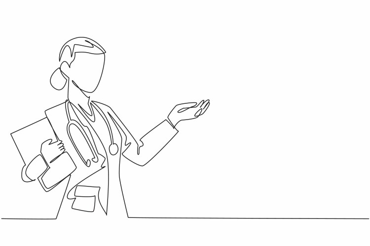 Continuous one line drawing a female doctor hold vector image