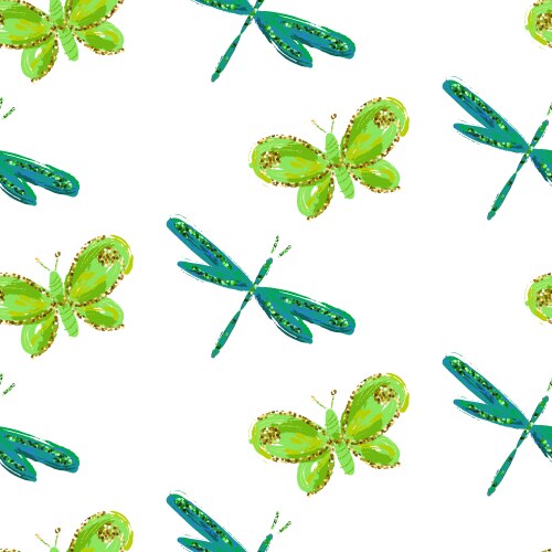 Emerald green batik butterfly and dragonfly vector image