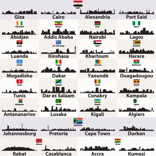 african cities skylines silhouettes set vector image