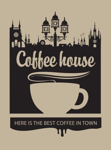 Cup of coffee and the old town with a street lamp vector image