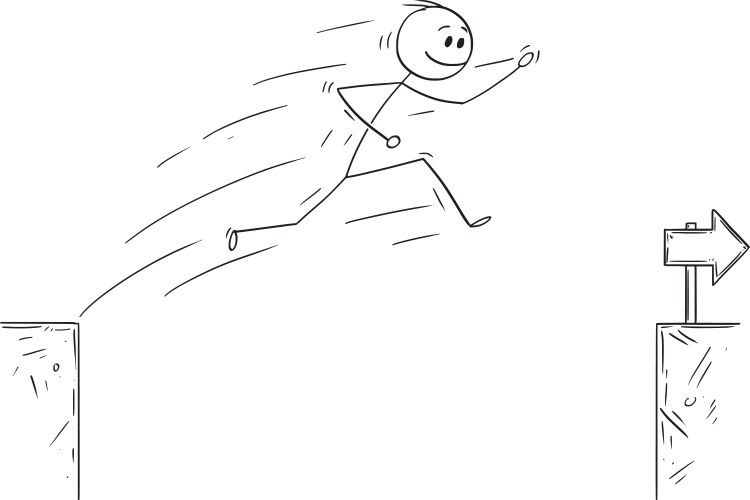 cartoon of businessman jumping over the chasm vector image