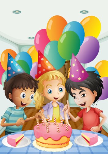 Three kids celebrating a birthday vector image