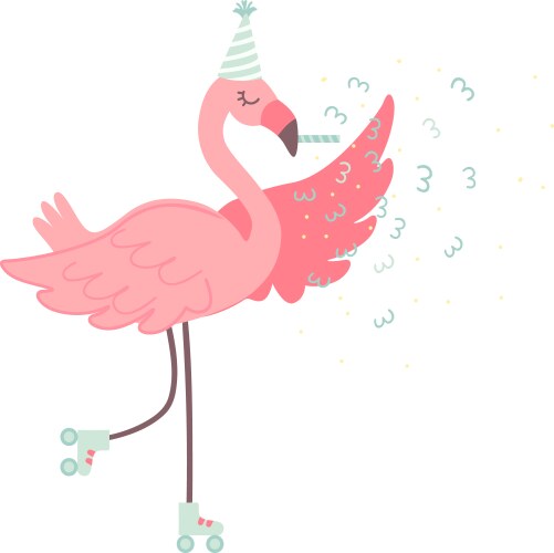 cute flamingo rollerblading wearing party hat vector image