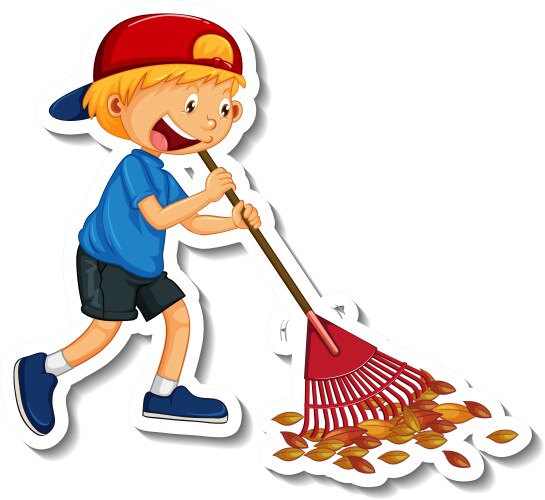 Sticker template with a boy cleaning cartoon vector image