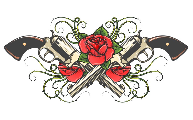 Two guns and roses with thorns tattoo vector image