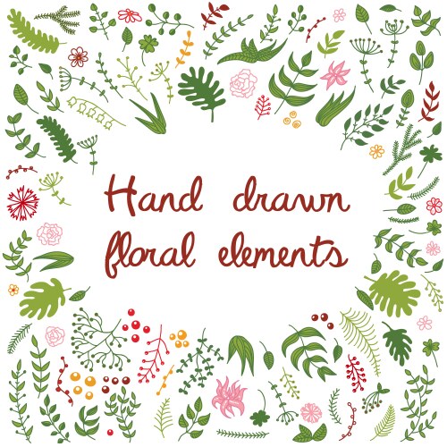 Set of hand drawn floral elements and wreath vector image