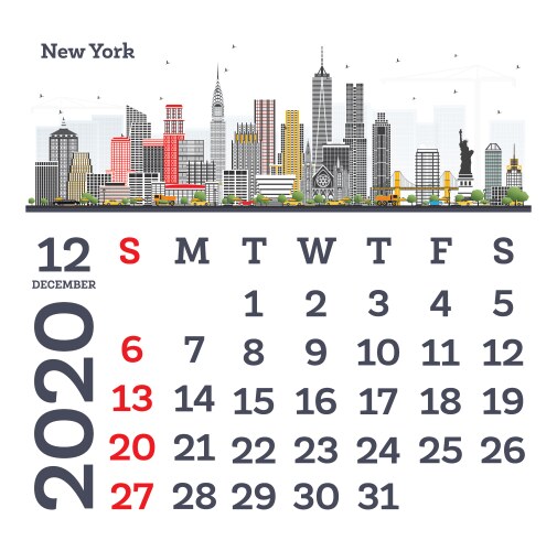 december 2020 calendar template with new york vector image