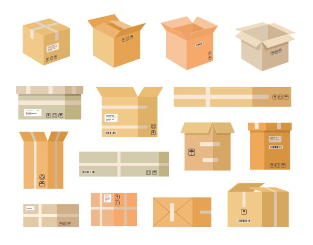 Various cardboard boxes flat icon set vector image