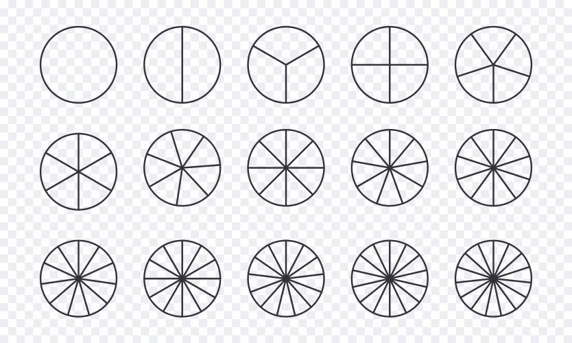 Circles divided into parts from 1 to 15 outline vector image