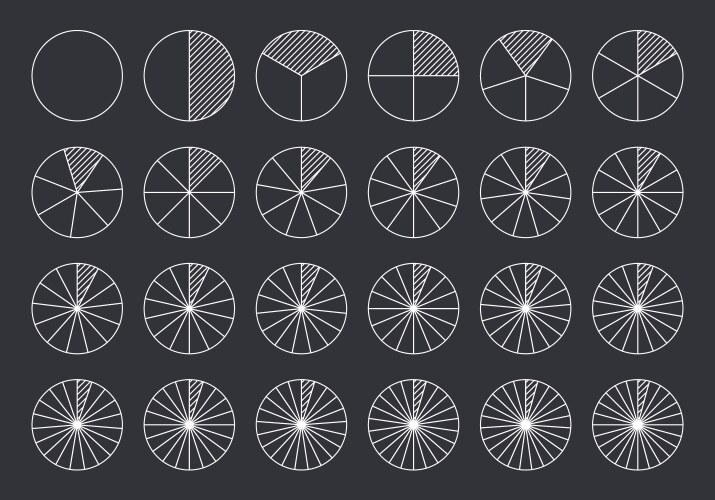 Circles divided into parts from 1 to 24 outline vector image