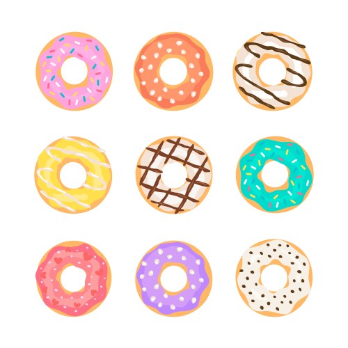 Set of cartoon colorful donuts top view doughnuts vector image