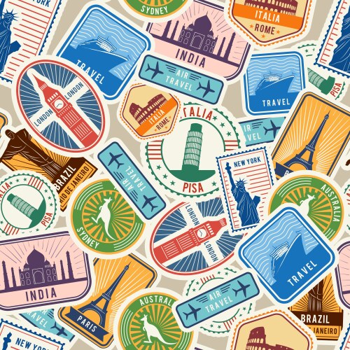 Travel pattern immigration stamps stickers vector image