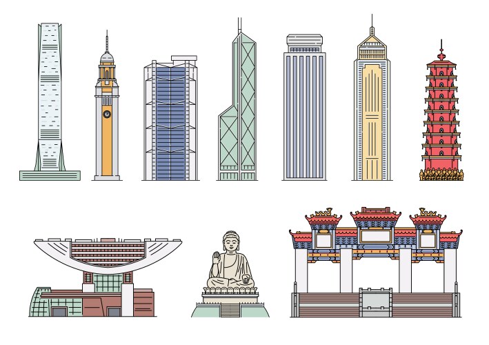 landmark hong kong building icon set isolated vector image