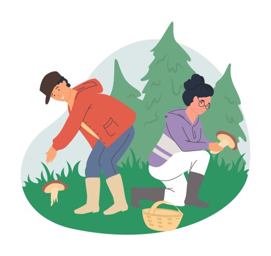 happy couple walking in forest picking mushrooms vector image