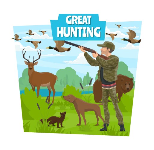 Hunting adventure hunter and wild animals vector image