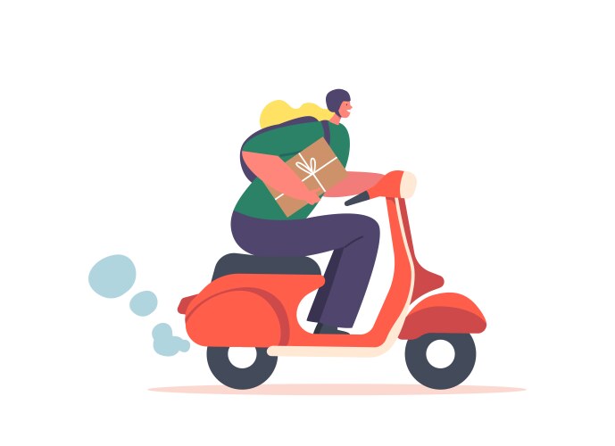 Female courier character deliver parcel on scooter vector image