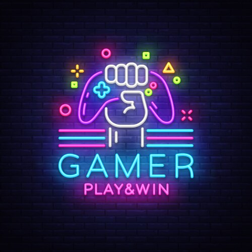 Gamer play win logo neon sign design vector image