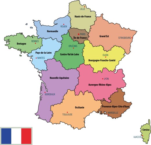 France map with regions and their capitals vector image