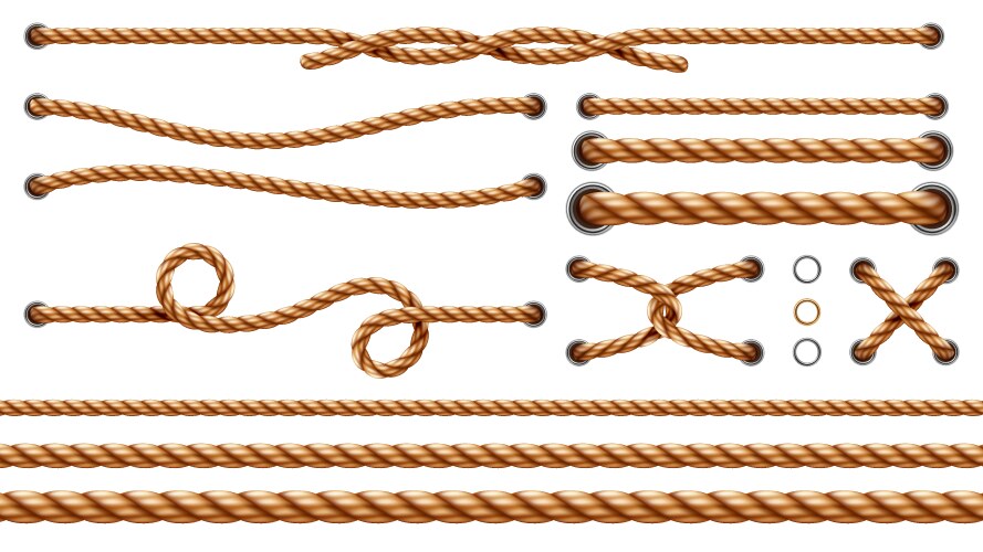 Set isolated straight ropes and tied strings vector image